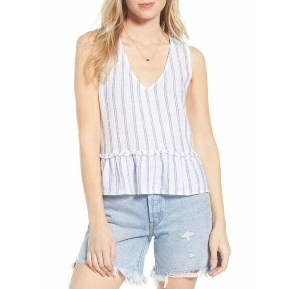 Rails Mira Top Size S Sleeveless Peplum Linen Blend Marine Striped EUC B57